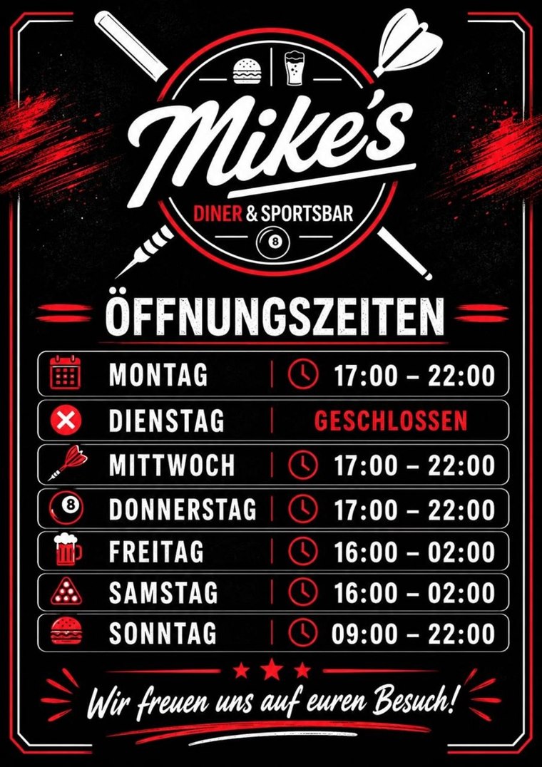 Öffnungszeiten von Mike's Diner und Sportsbar